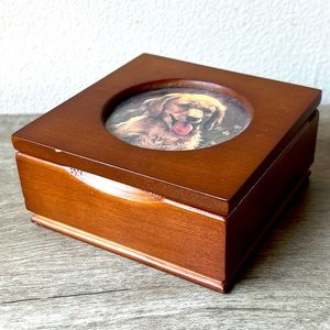 Wooden Hinged Lid Jewelry Box With Photo Frame Lid 4.5” Square 2.25” High Lined